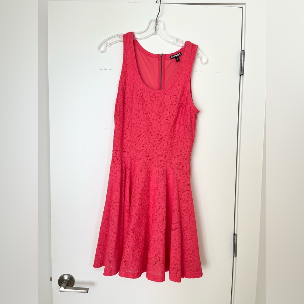 Express Lace Skater Dress - Hot Coral Pink, Size M